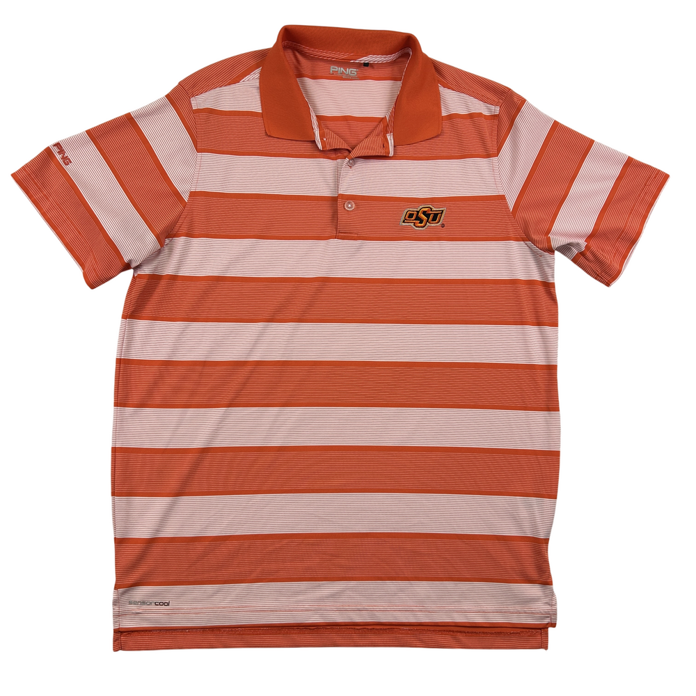 PING Polo Shirt Mens Large OSU Striped Moisture Wicking Golf Apparel